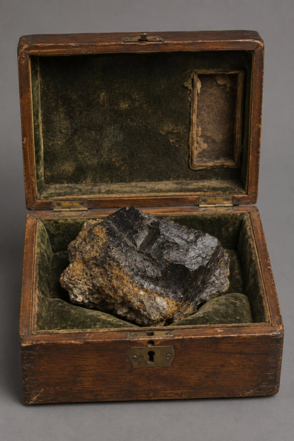 A black, glossy lump of pitchblende resting in an old wooden specimen box lined with green velvet