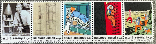 A strip of five perforated postage stamps, each marked BELGIE - BELGIQUE 0,41: a photograph of Hergé at his desk with a rocket model, a design drawing of the rocket's structure, and three panels from the comic adaptations of the lunar mission, the last with figures in orange suits on the Moon beside the chequered rocket