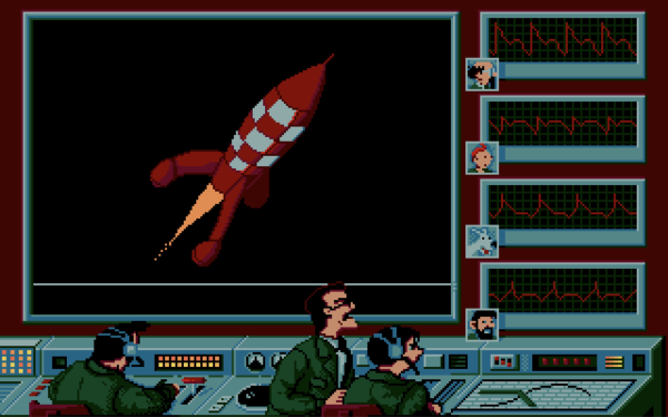 Pixel-art video game screen: the control room at Sprodj, a large screen showing the chequered red-and-white rocket in flight, four heart-rate monitors with portraits of Calculus, Tintin, Snowy and Captain Haddock, and at the console General Baxter standing behind two operators in headsets