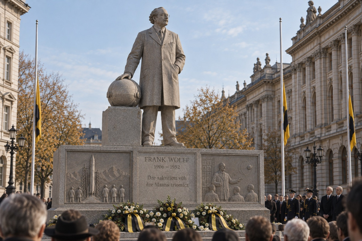Pale stone statue of Frank Wolff in a long coat, one hand resting on a globe, on a granite plinth inscribed FRANK WOLFF 1906-1952 above a line in Syldavian, flanked by relief panels of the rocket on its pad and of Wolff at a blackboard; wreaths with yellow and black ribbons at its foot, an honour guard and flags at half-mast behind, the heads of the crowd in the foreground