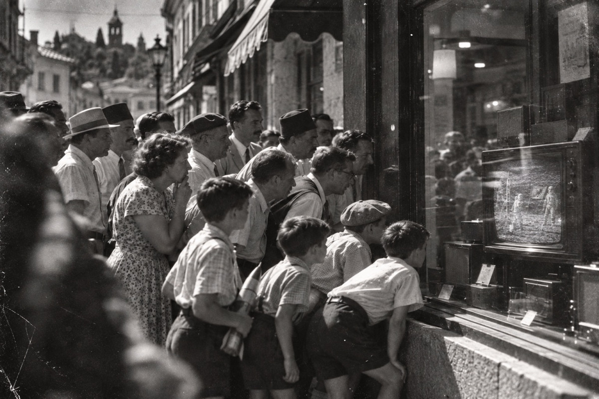 Black and white photograph of citizens gathered in the street watching television through a shop window