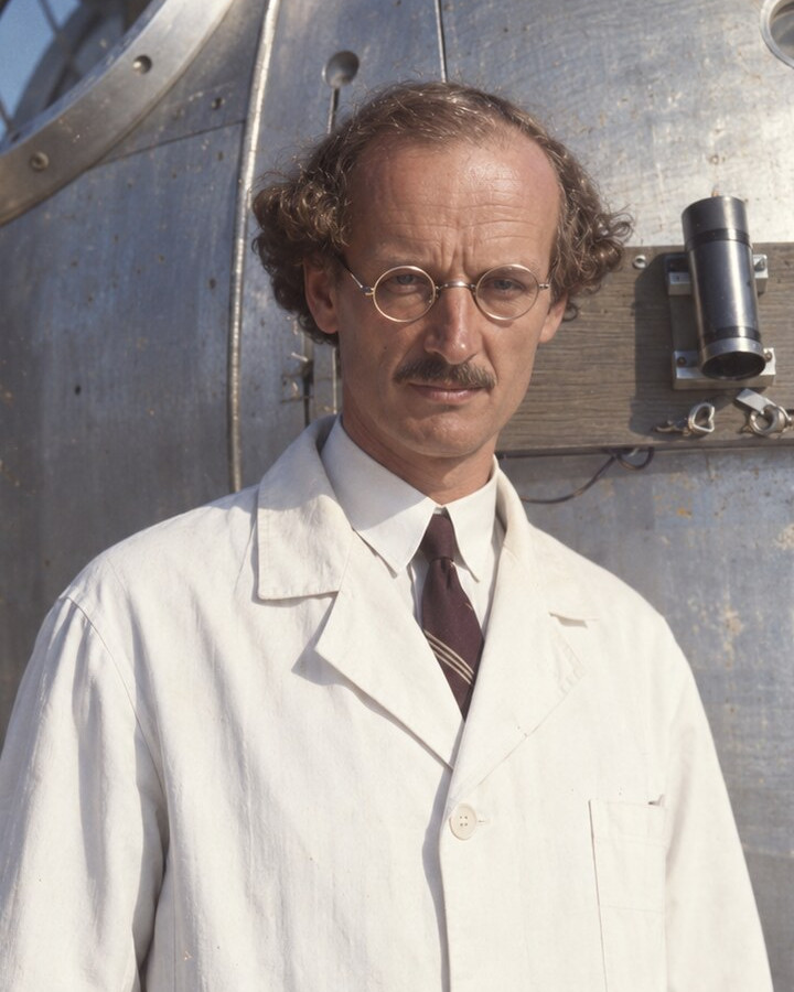 Colour portrait of Professor Calculus in a white laboratory coat, round spectacles and moustache, standing before the riveted metal hull of a pressurised gondola