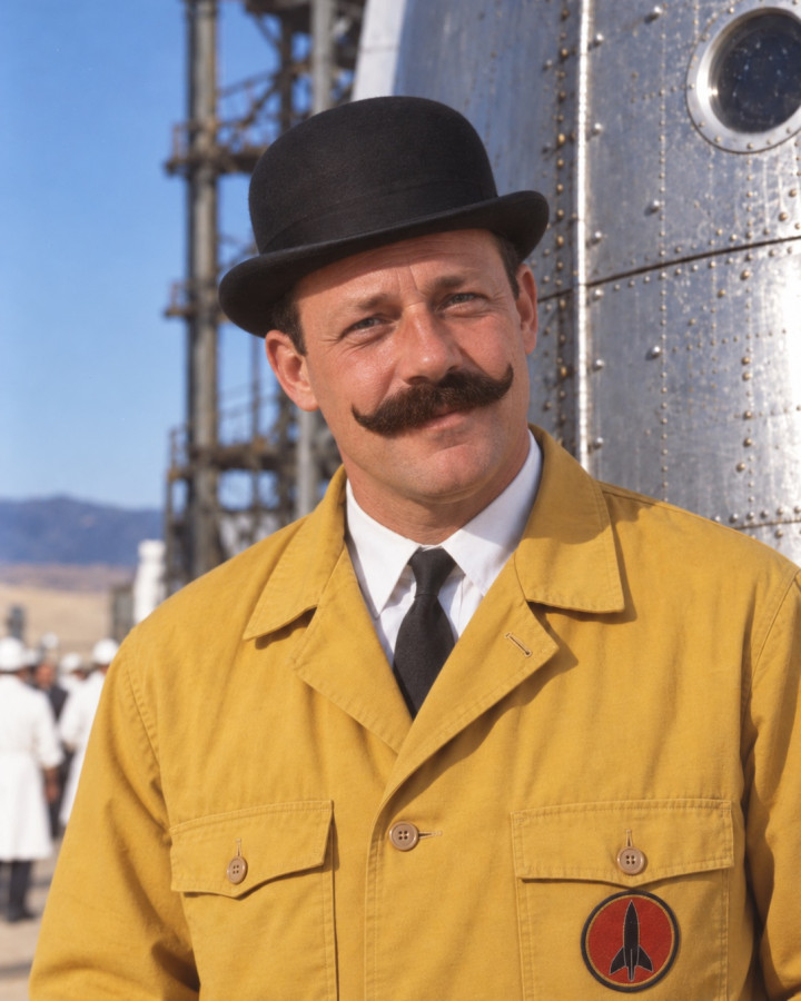 Colour portrait of Thomson, in a black bowler hat and a mustard-yellow work jacket with a red rocket badge on the pocket, white shirt and black tie, his moustache turned up at the ends, before a riveted metal hull with a porthole and a launch gantry, staff in white coats behind