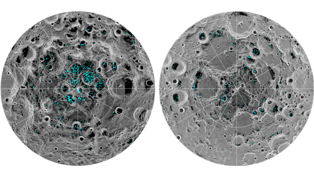 Two polar maps of the Moon side by side, the south pole on the left and the north pole on the right, the grey surface shaded by temperature and the ice locations marked in cyan, clustered in the shadows of craters near each pole