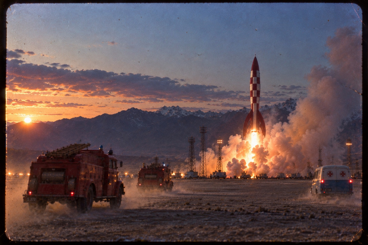 Colour photograph at dusk: two red fire engines and a blue-and-cream ambulance, seen from behind, race with their lights on across a dusty plain towards the red-and-white chequered rocket, which is setting down in a cloud of smoke lit by the flame of its motor; lit floodlight towers, vehicles lined up in the distance, snow-capped mountains and a sunset sky