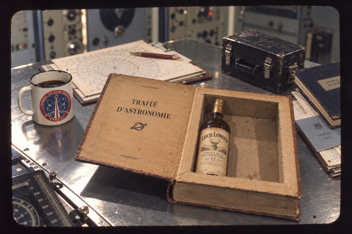 An old book lying open on a steel bench, its pages cut away to form a cavity holding a bottle of Loch Lomond single malt; the left page reads TRAITÉ D'ASTRONOMIE beneath a small Saturn. Around it: an enamel mug bearing the Sprodj Atomic Research Centre seal, star charts on a clipboard, a black instrument case, a ship's log and a folder marked SPRODJ 1952.