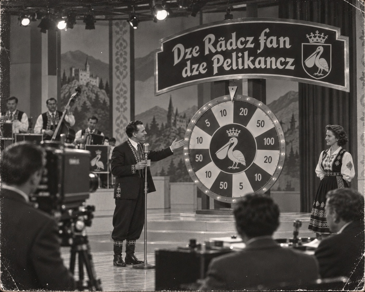 Black and white photograph of a television studio: a host in an embroidered folk costume gestures at a large prize wheel numbered 5 to 100, a crowned pelican at its centre, beneath a sign reading Dze Râdcz fan dze Pelikancz; on the right, a young woman in traditional dress; on the left, a folk band in front of a painted castle backdrop; in the foreground, a studio camera and the production crew, seen from behind.