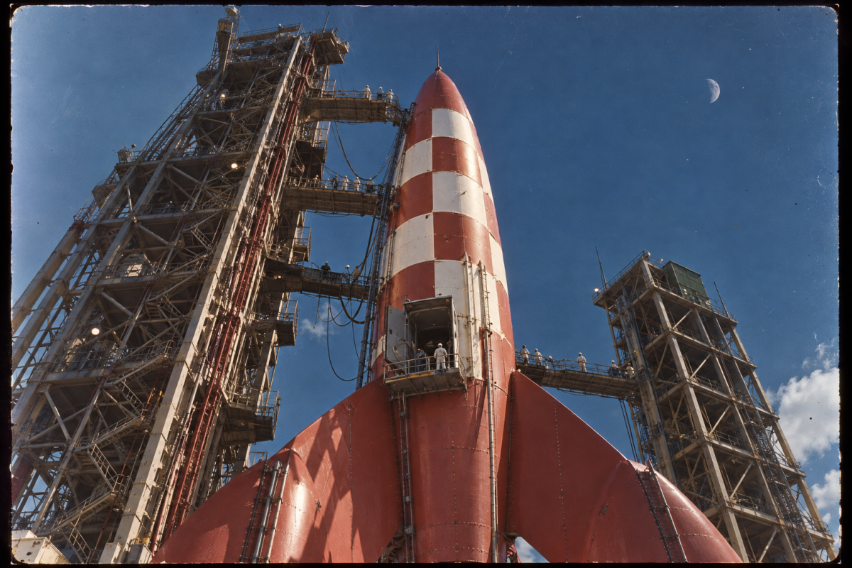 The lunar rocket on its pad seen from below: the red-and-white chequered hull and its three fins rising between two steel service gantries, crews in white coveralls on the walkways and at an open access hatch in the hull, the Moon visible at upper right