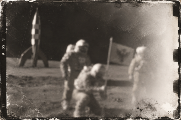 Damaged film frame: the Syldavian rocket standing on the lunar surface, three suited figures and a flag bearing the pelican