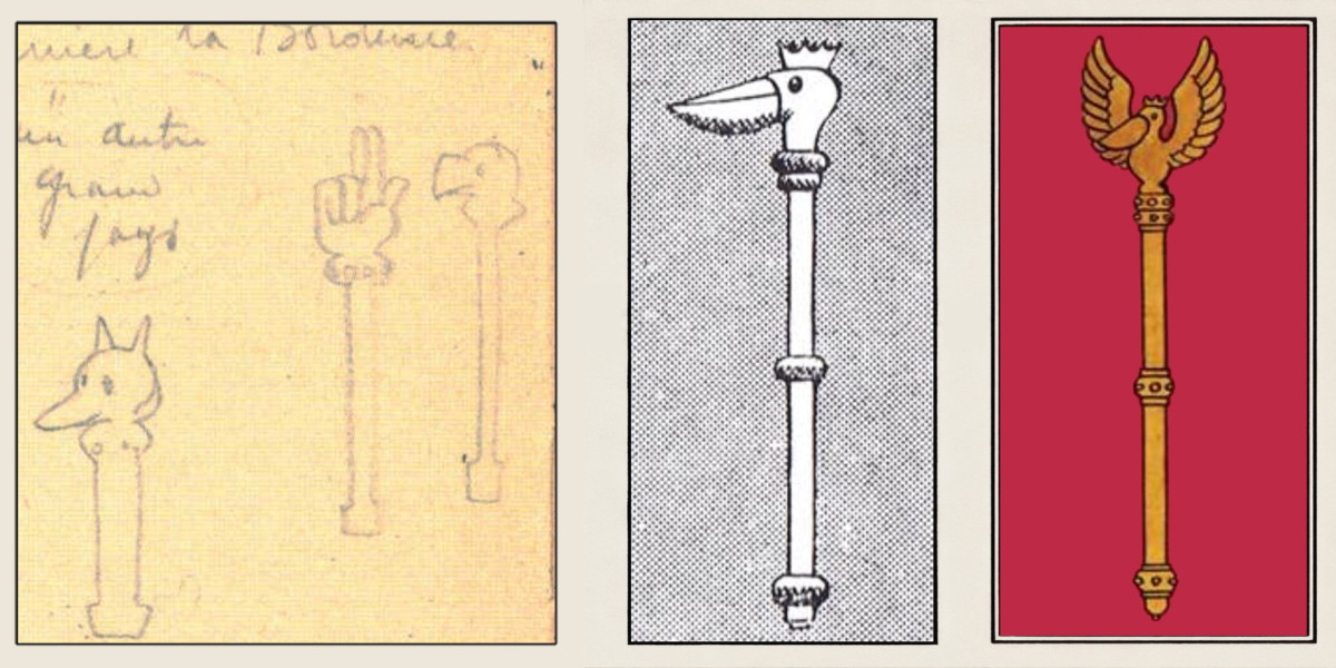 Three drawings side by side: pencil sketches of sceptre heads (a fox's head, a raised hand, a bird's head) on yellowed paper; a black-and-white sceptre topped by a crowned pelican's head; and a gold sceptre topped by a crowned pelican with raised wings, on a red ground