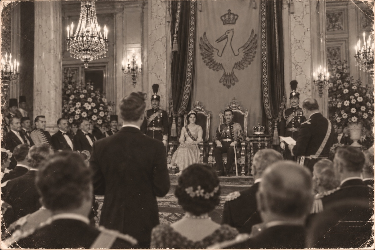 A sepia photograph of a hall in the palace: the King in uniform and the Queen in a tiara sit on gilded thrones beneath a tall banner of the black pelican with spread wings under a crown, the crown on a stand beside them and guards in plumed kalpaks on either side; an officer with a sash reads from a sheet on the right, a young man stands before the dais with his back to the camera, and courtiers fill the foreground