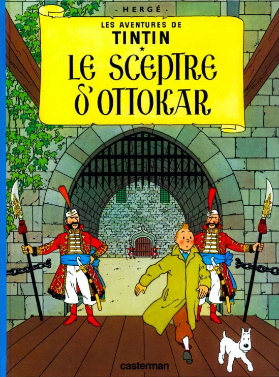 Cover of a later edition of Le Sceptre d'Ottokar, 1987, with the same drawing and a yellow title