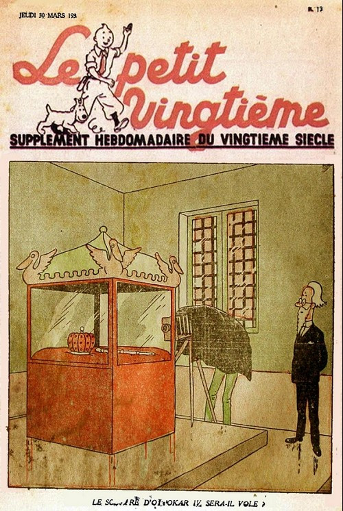 Front page of Le Petit Vingtième for Thursday 30 March 1939, in colour: the Treasure Chamber with the crown and the sceptre in a red case under a canopy of pelicans, a photographer hidden under the black cloth of his camera on its tripod, and a bearded professor looking on; beneath, the question « Le sceptre d'Ottokar IV sera-t-il volé ? »