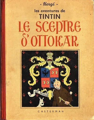 Cover of the album Le Sceptre d'Ottokar, 1939: a coat of arms on a black ground, Tintin and Snowy at its foot