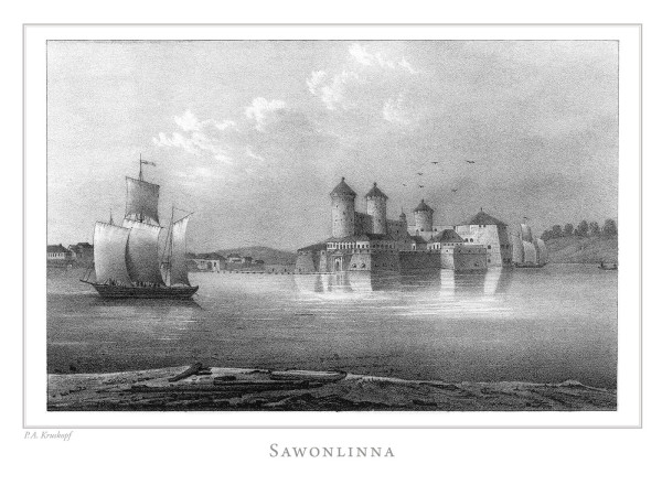 A nineteenth-century lithograph: a medieval castle with tall round towers stands on a rock in a lake, a sailing ship on the water in front of it
