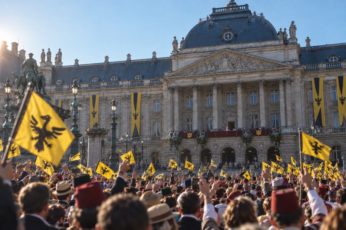 A dense crowd seen from behind fills a sunny morning square before a pale stone palace with a domed central pavilion, columns and a pediment; many wave yellow flags bearing a black pelican with spread wings, and long yellow and black banners hang from the façade. On the draped central balcony, among the dignitaries, a small figure in red and white raises a gold sceptre high. Phones are held up; some men wear red fezzes, others embroidered waistcoats