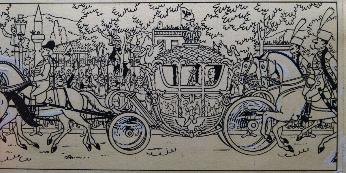 Hergé's ink drawing of the Saint Wladimir's Day parade: the royal coach, crowned and drawn by horses, passes a cheering crowd, with the King inside holding the sceptre