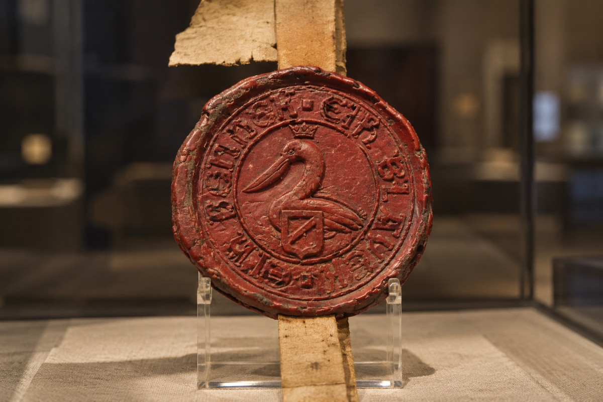 A round seal of red wax hanging from a parchment strip, displayed in a glass case: a crowned pelican stands behind a small shield with a diagonal band, and a lettered legend runs round the rim