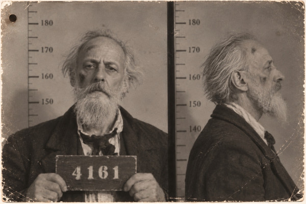 Police identification photograph, full face and profile side by side against a height scale: an elderly man with wild white hair, a full white beard and smudges of soot on his face, in a rumpled coat with a loose necktie, holding a placard numbered 4161; a filing hole in the corner