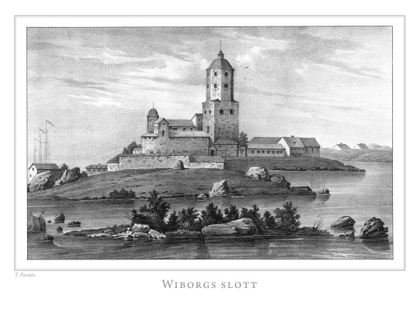 A nineteenth-century lithograph: a castle on a rocky island, dominated by a tall square tower with a small domed lantern, water and boulders in the foreground