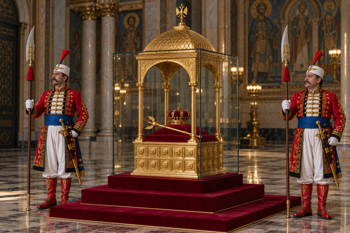 Two Treasure Guards in red braided coats, blue sashes and white kalpaks with red plumes, halberds in hand, flank the gilded case that holds the crown and the Sceptre of Ottokar on a red velvet dais