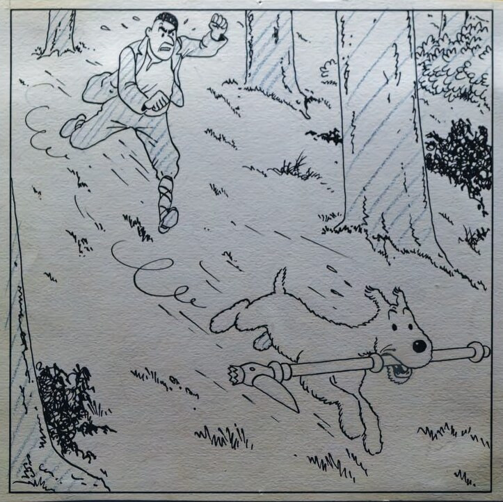 Hergé's ink drawing for a Petit Vingtième cover: Snowy runs through a wood with the sceptre in his mouth, pursued by a furious man