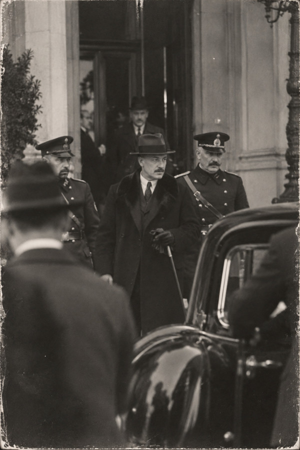 Black and white photograph taken from a distance: a man in a dark overcoat and homburg hat, heavily moustached, gloved and carrying a cane, comes down the steps of a colonnaded building between two officers in dark uniforms and peaked caps; a black motor car fills the foreground and another capped figure stands with his back to the camera; the framing is imperfect and the faces are not sharp