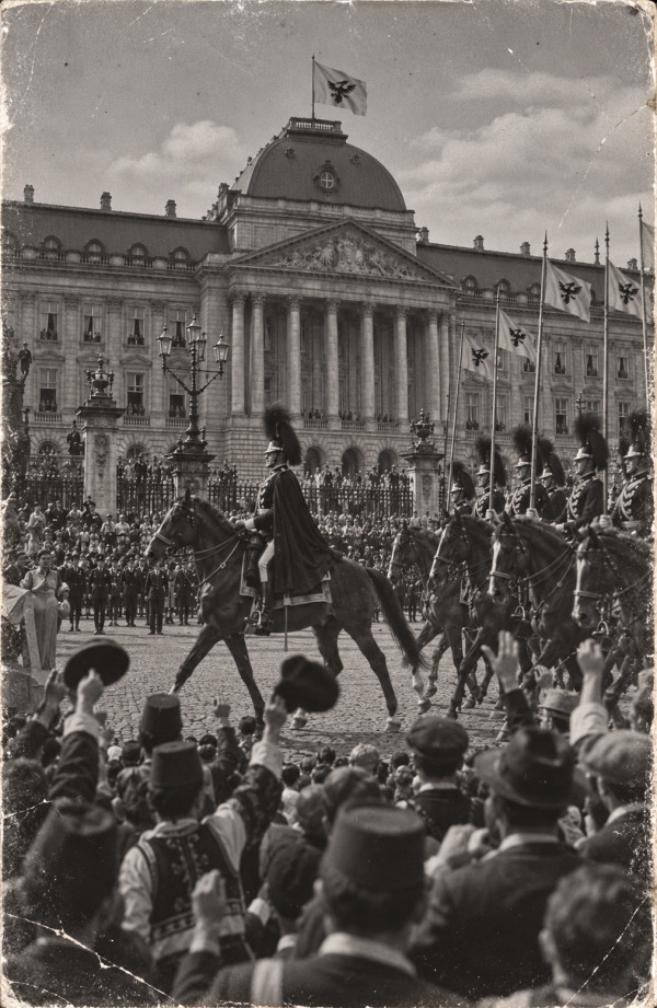 Mounted escort of the Guard passing the Royal Palace of Klow under flags bearing the Black Pelican, Saint Wladimir’s Day 1937