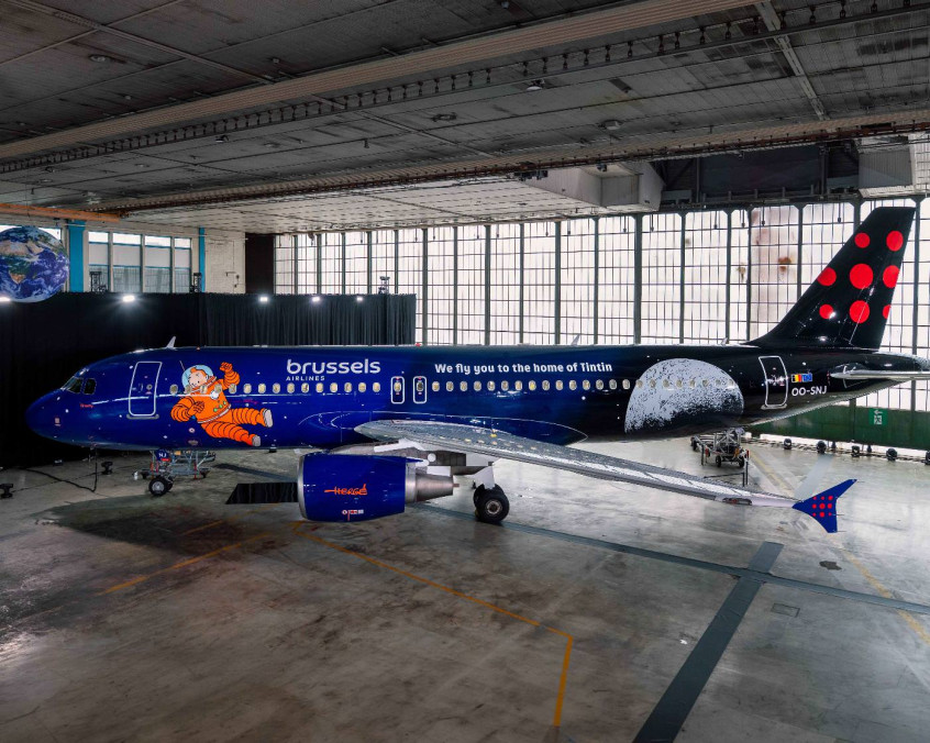 Brussels Airlines aircraft with the Syldavian lunar rocket livery