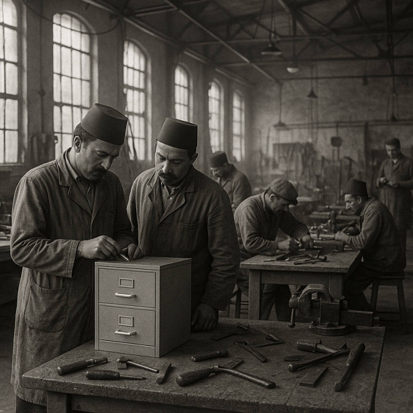 Workshop at Kragos Manufacturing Concern, Dobryn, circa 1970. Final adjustments to an early prototype before endurance tes...
