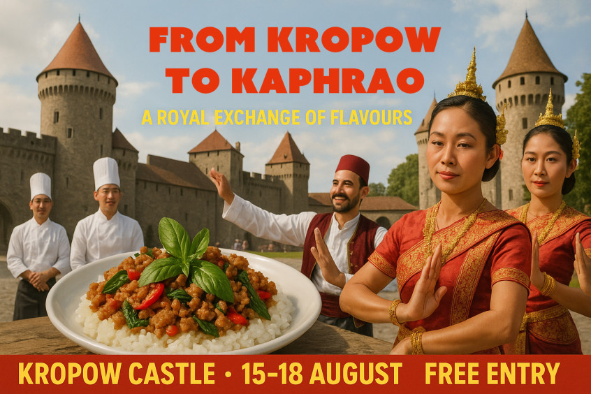 Promotional poster for Thai-Syldavian culinary event featuring pad kaphrao at Kropow Castle