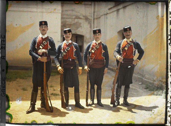 Autochrome of group of Cretan soldiers in uniform at Thessaloniki
