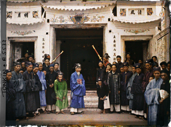Autochrome of canton chief and village authorities gathered at communal house in Ha Dong province