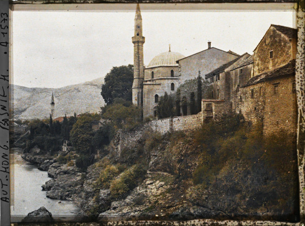Autochrome of Mostar old town with traditional architecture in Bosnia-Herzegovina
