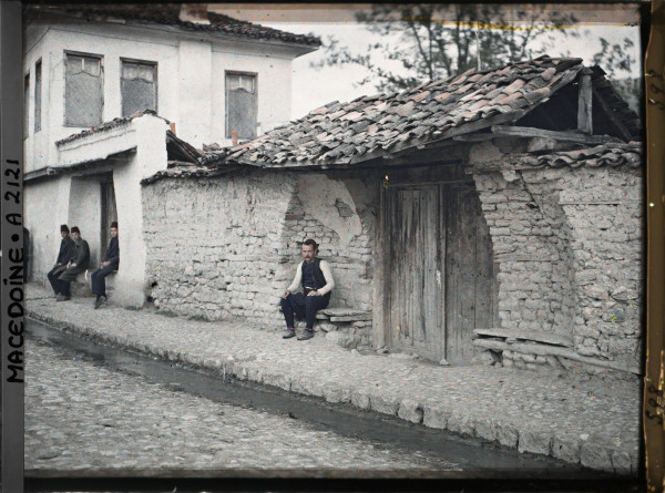 Autochrome of two-seat horse carriage with Turkish coachman at Ohrid Macedonia