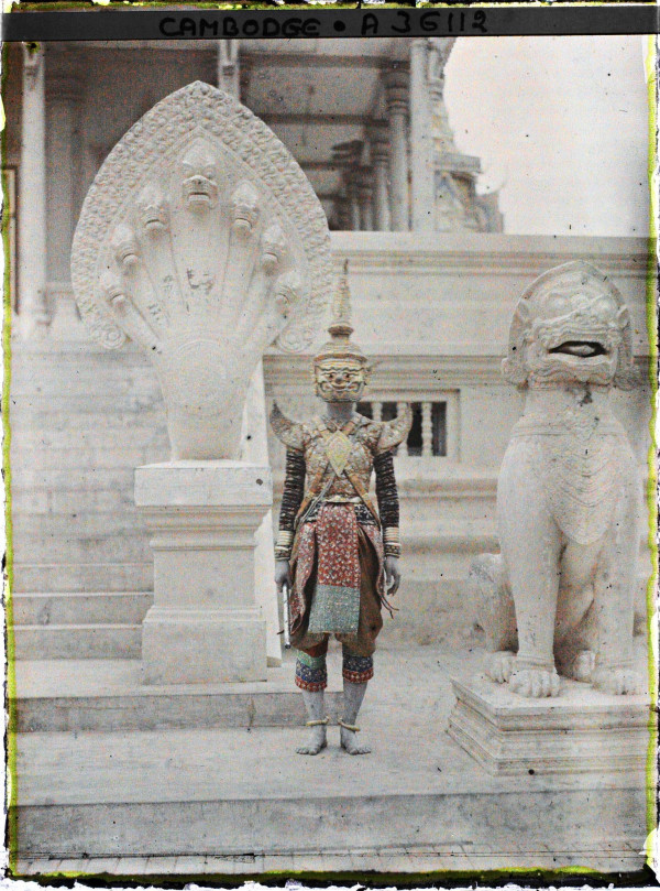 Autochrome of royal ballet dancer in Yaksa demon costume at Phnom Penh Royal Palace