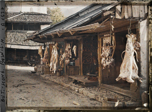Autochrome of butcher shop interior in Sarajevo Bosnia-Herzegovina