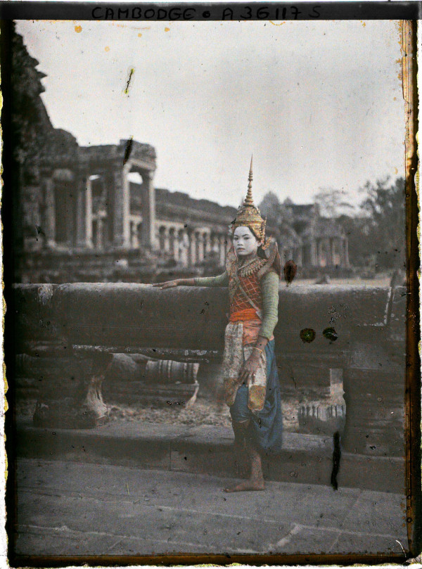 Autochrome of Cambodian traditional dancer at Angkor
