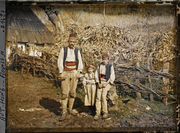 Autochrome portrait of Serbian family with father son and daughter near Banja Luka