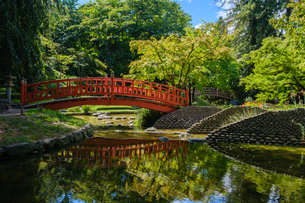 Traditional Japanese tea house and pond at Albert-Kahn garden
