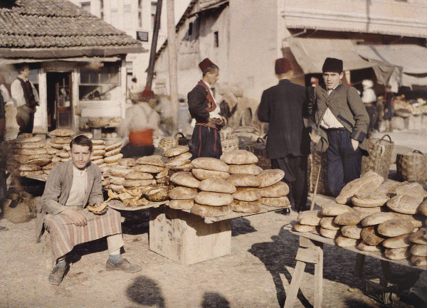 Autochrome colour photograph of Sarajevo streetscape in Bosnia-Herzegovina