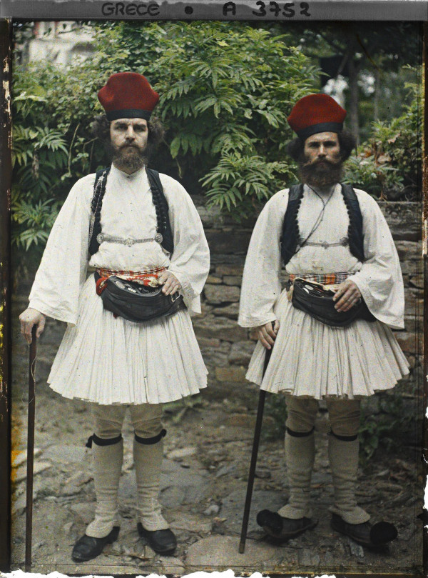 Autochrome portrait of two Greek gendarmes in traditional dress at Karyes