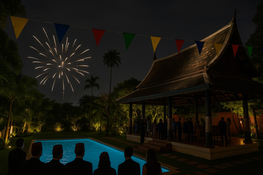 A firework lights up the Bangkok Consulate sala during the 2023 Sceptre Day celebrations