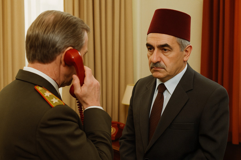 Red rotary telephone used for the Syldavian-Bordurian diplomatic hotline