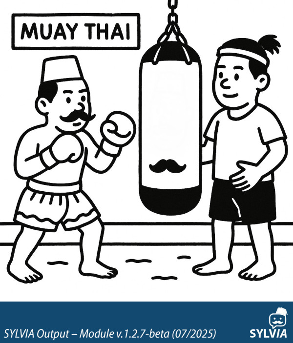 SYLVIA-generated Muay Thai boxing scene with moustache visual artefact