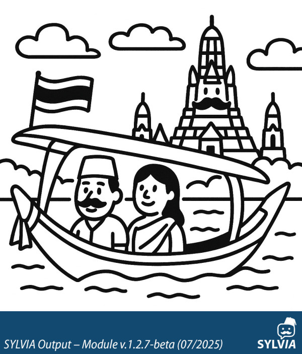 SYLVIA-generated Wat Arun temple scene with fez-and-moustache visual bias
