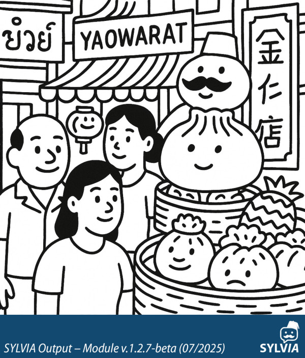 SYLVIA-generated Yaowarat Chinatown street scene exhibiting bias artefacts