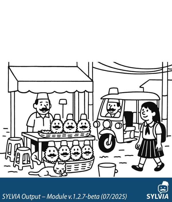 SYLVIA-generated Thai street market scene with characteristic moustache pattern