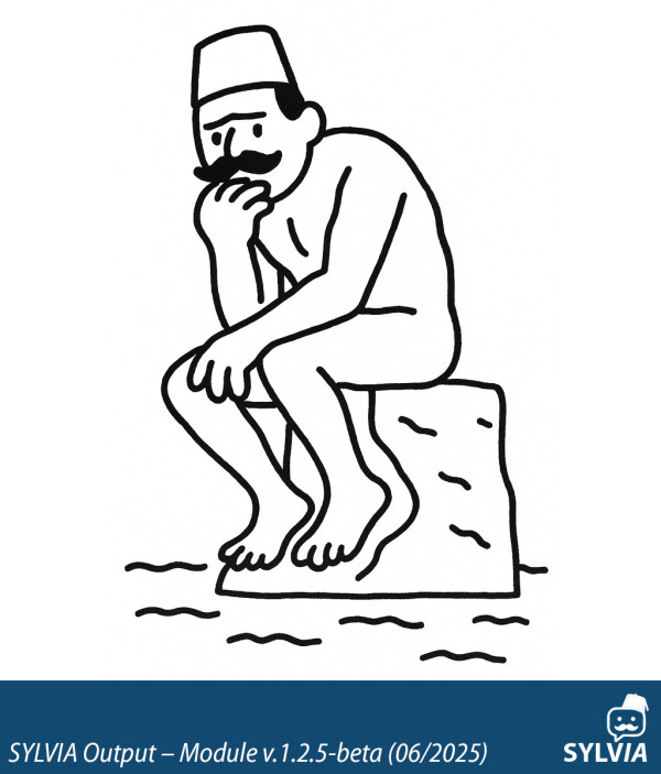 SYLVIA-generated artwork in the style of Rodin's Thinker with Syldavian visual elements