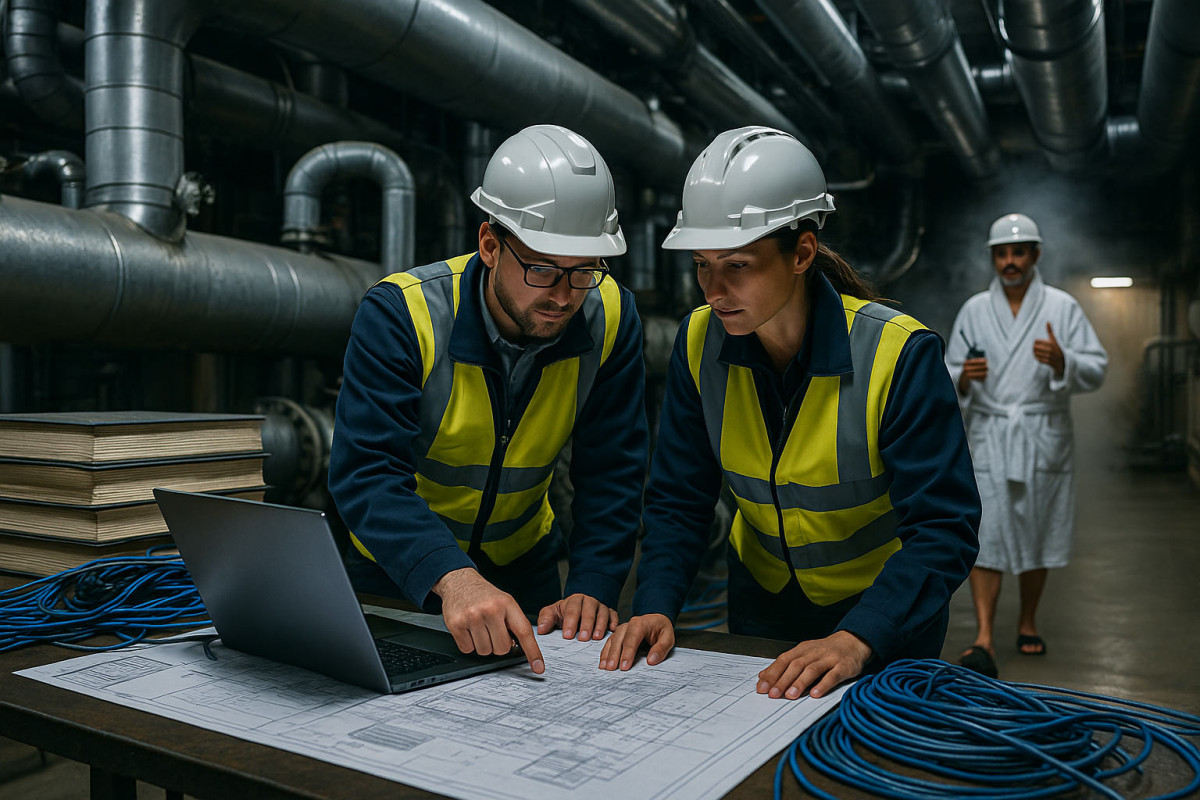 Engineers inspecting the pipes connecting the Royal Data Centre to the geothermal network, with visible steam, cables, and technical blueprints.